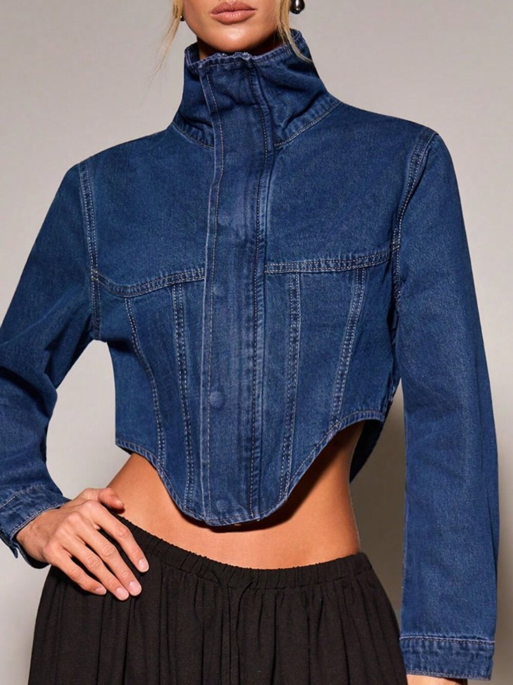 Dark Wash Casual Women's Asymmetrical Pocket Zipper Crop Denim Jacket